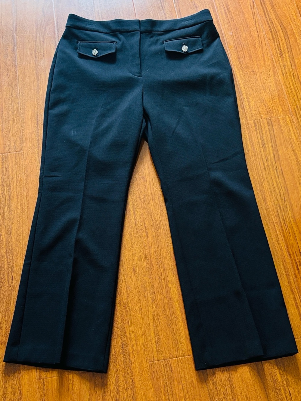 Loft Sutton Ankle Flare Trousers Dress Pants Rhinestone Buttons Size 12 Black